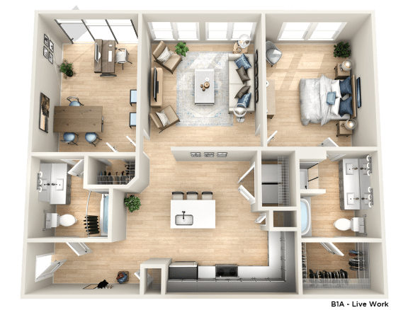 a 3d drawing of the living room and dining room of a 1 bedroom apartment