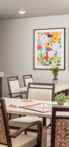 a dining room with tables and chairs and a painting on the wall