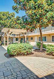 A sunny day at a residential complex with a walkway and trees.