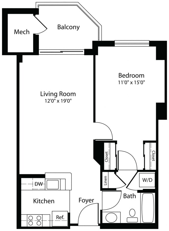 1X1A One Bedroom One Bathroom Floor Plan at 1221 S Eads Apartments, Arlington, VA