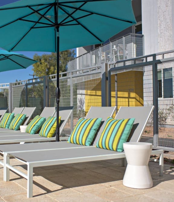a row of lounge chairs with umbrellas on a patio at Novella Arcadia, Arizona, 85018