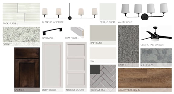 A collection of home decor items including backsplash, hardware, and paint.