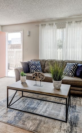 A living room with a couch, a coffee table, and a rug.