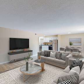 A living room with a grey couch, a coffee table, and a television.