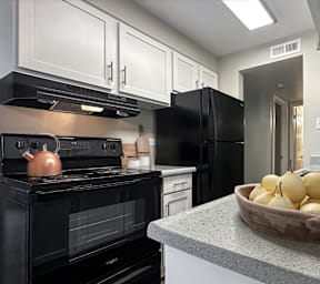 A black oven is on the left side of a black refrigerator.