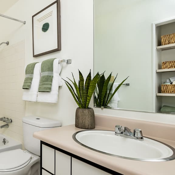Classic bathroom inside Trailgrove Apartments in Denver with full tub and shower.