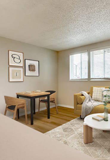 Stylish living area with modern couch and bright windows in pet-friendly Aurora apartment.