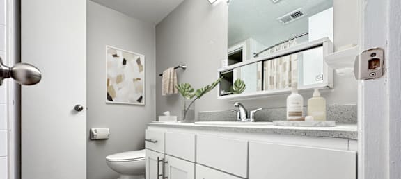 A white bathroom with a toilet, sink, and mirror.