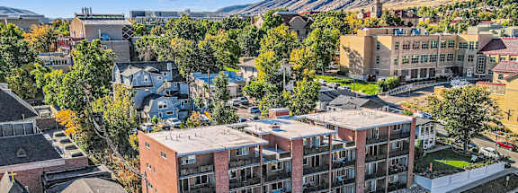 A view of a town with a large building in the middle.