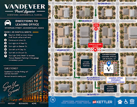 A map showing directions to the Vandeveer Pearl Square leasing office in Downtown Jacksonville, Florida.