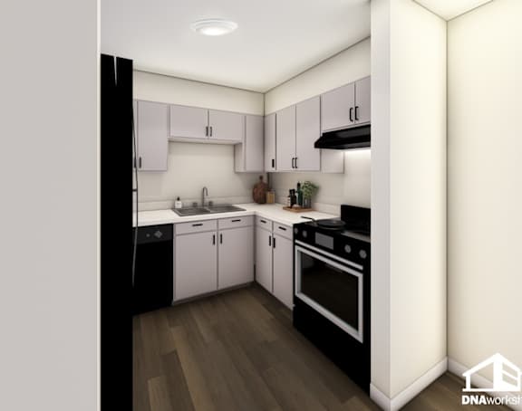 A modern kitchen with white cabinets and black appliances.