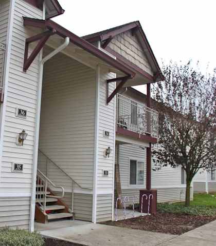 A house with a brown roof and a white door.