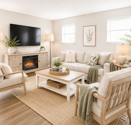 A living room with a fireplace, a couch, a chair, and a television.