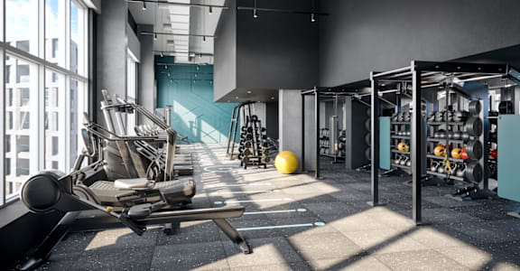 A gym with a row of treadmills and a row of dumbbells.