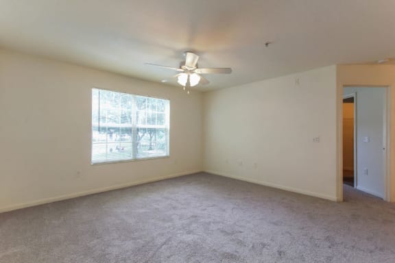 Carpeted Living Room with Ceiling Fan and Large Window