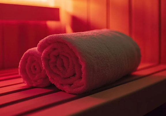 Two rolled towels on a bench in a sauna.