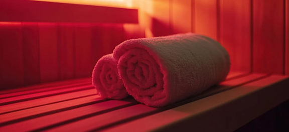 Two rolled towels on a bench in a sauna.