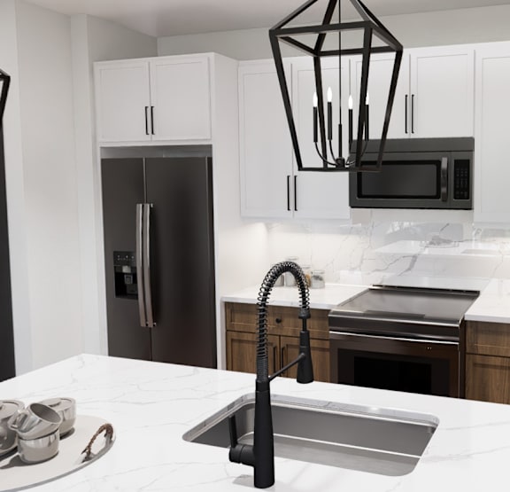 an open kitchen and living room with a large island with chairs at The Junction at Rockledge Apartments, Florida, 32955