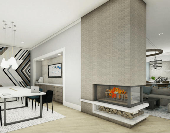 a rendering of a living room with a table and chairs and a fireplace at VALE Lake Wylie Apartments, Clover