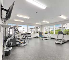 the gym with treadmills and weights at the belgard apartments