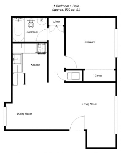 Floor Plan  1 bedroom floor plan for Del Prado I Apartments