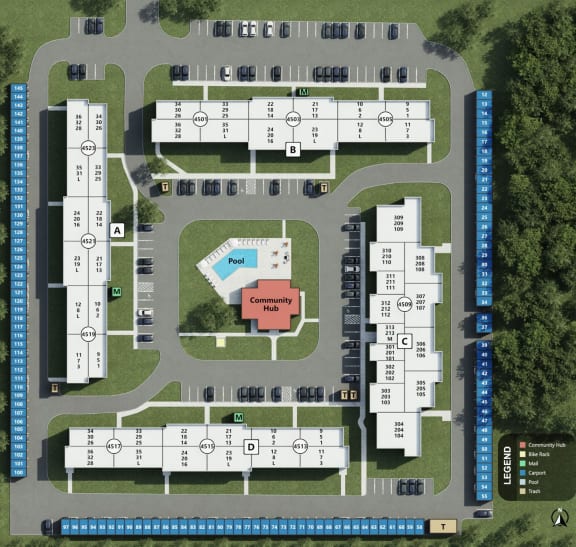 an overhead view of a parking lot with a building and a pool