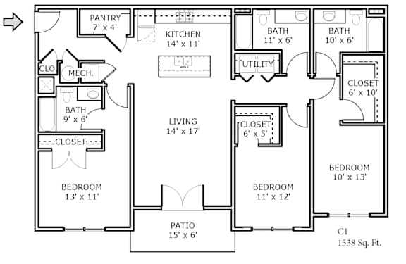 2D floor plan of a 3-bedroom apartment at Backwater Cove.