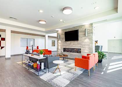 A modern living room with a fireplace and a television.