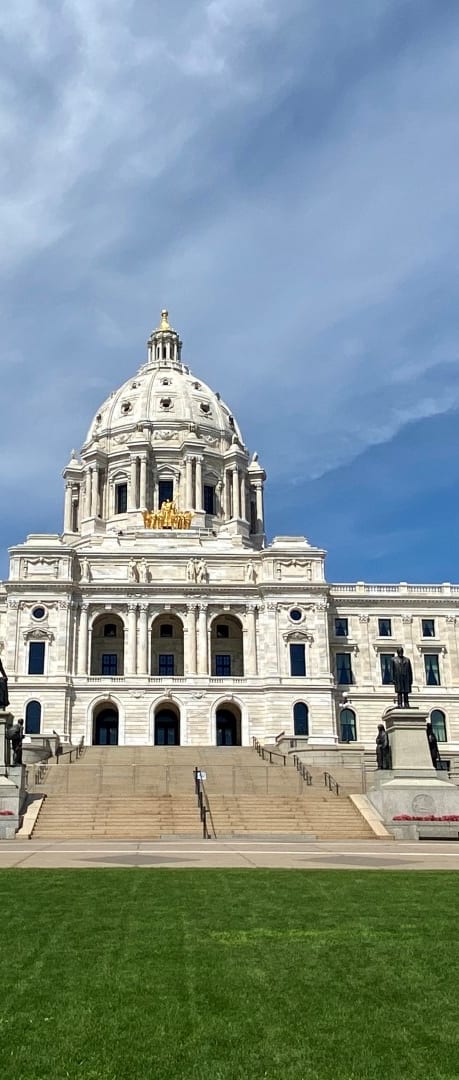 a view of the state capitol building in des moines