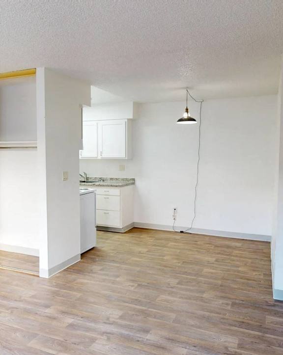 an empty living room and kitchen with a wood floor