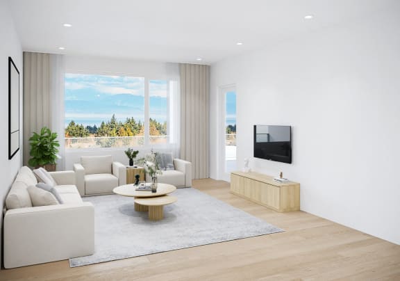 a living room with white couches and a table and a television