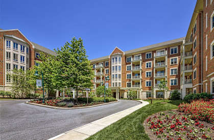 a street view of an apartment building with trees and a road