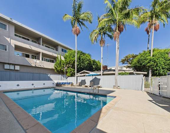 A swimming pool surrounded by palm trees and apartment buildings.