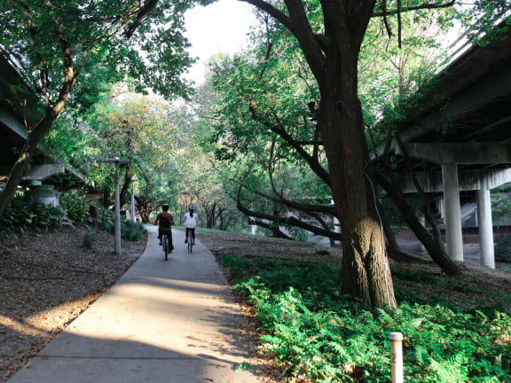 people riding bikes on a path under a bridge