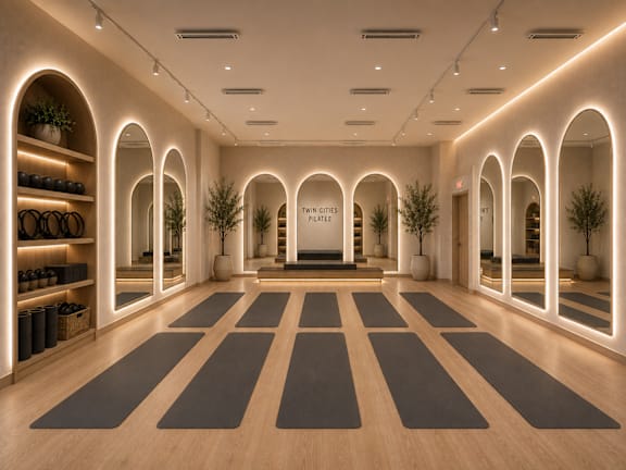 A yoga studio with wooden floors and yoga mats.