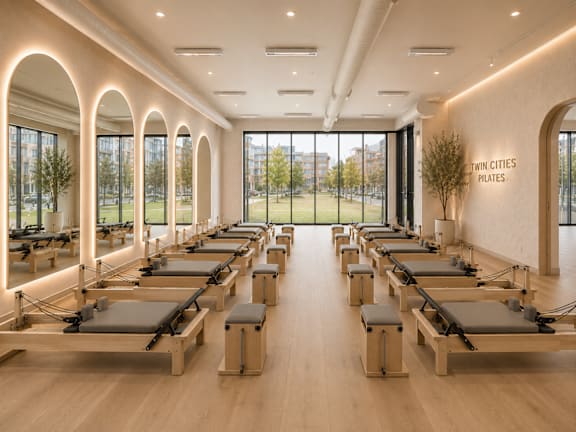 A pilates room with a view of the outside.