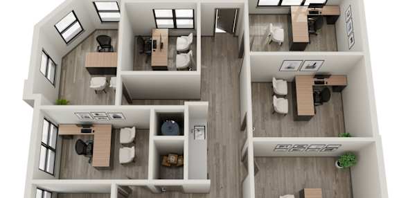 A 3D floor plan of a house with multiple rooms and furniture.