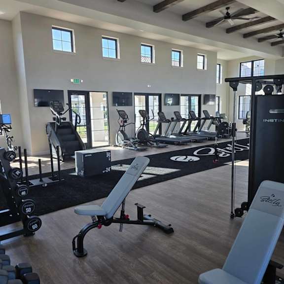 A gym with a variety of equipment including weights, treadmills, and a bench press.