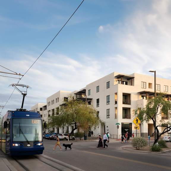 Sun Link modern streetcar at Bautista Apartments, Tucson, Arizona