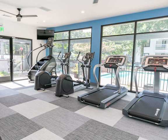 A gym with treadmills, elliptical machines, and a fan.