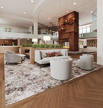 a rendering of the lobby of a hotel with couches and chairs
