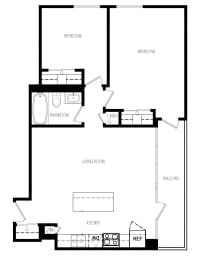 Two bedroom, one bathroom apartment layout at South Algiers in Toronto, ON