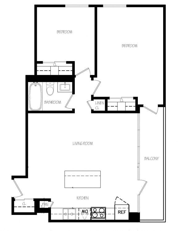 Two bedroom, one bathroom apartment layout at South Algiers in Toronto, ON