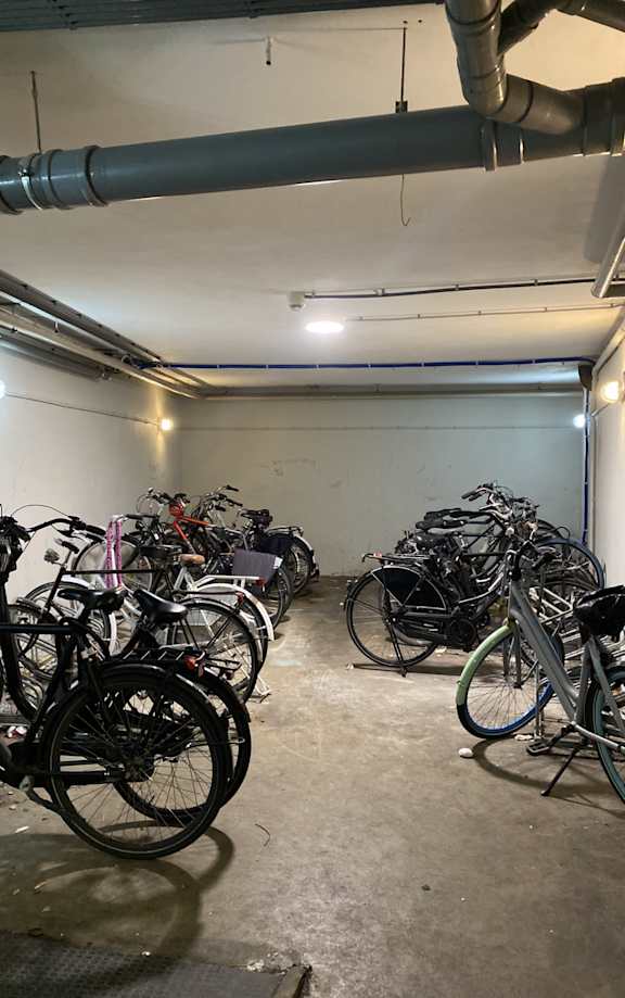 A group of bicycles are parked in a garage.