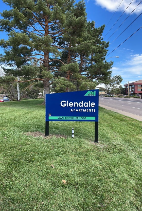 a blue sign sitting in the grass next to a street