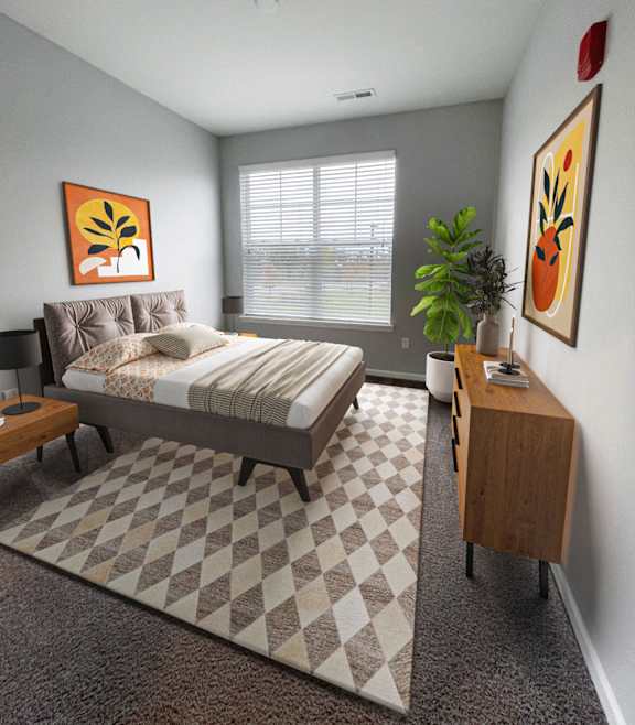 a bedroom with a bed and a ceiling fan