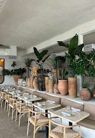 A restaurant with tables and chairs and potted plants on the wall.at The Jayne, Los Angeles, CA 90016