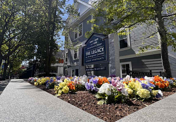 a flower bed in front of a building