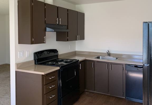 A kitchen with a black stove top oven and a black refrigerator.