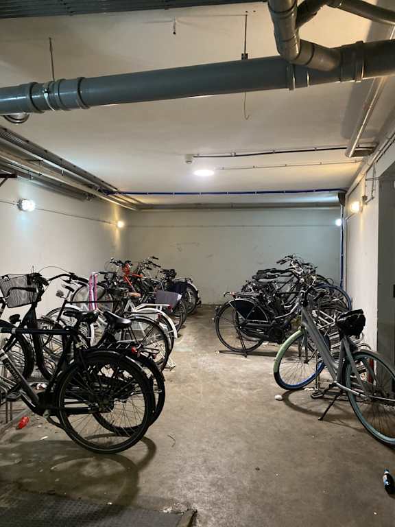 A group of bicycles are parked in a garage.